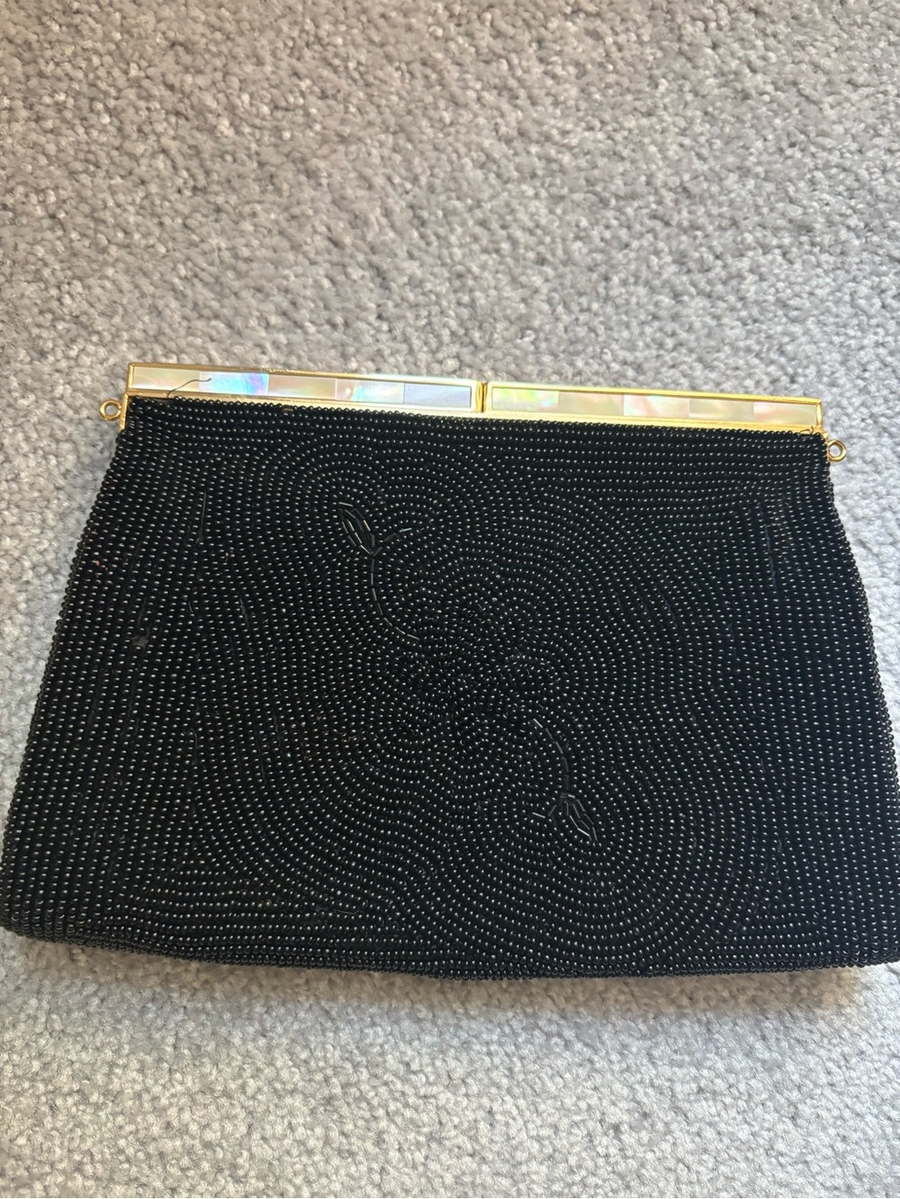 Black Beaded Wristlet Clutch with Gold-Tone Frame
